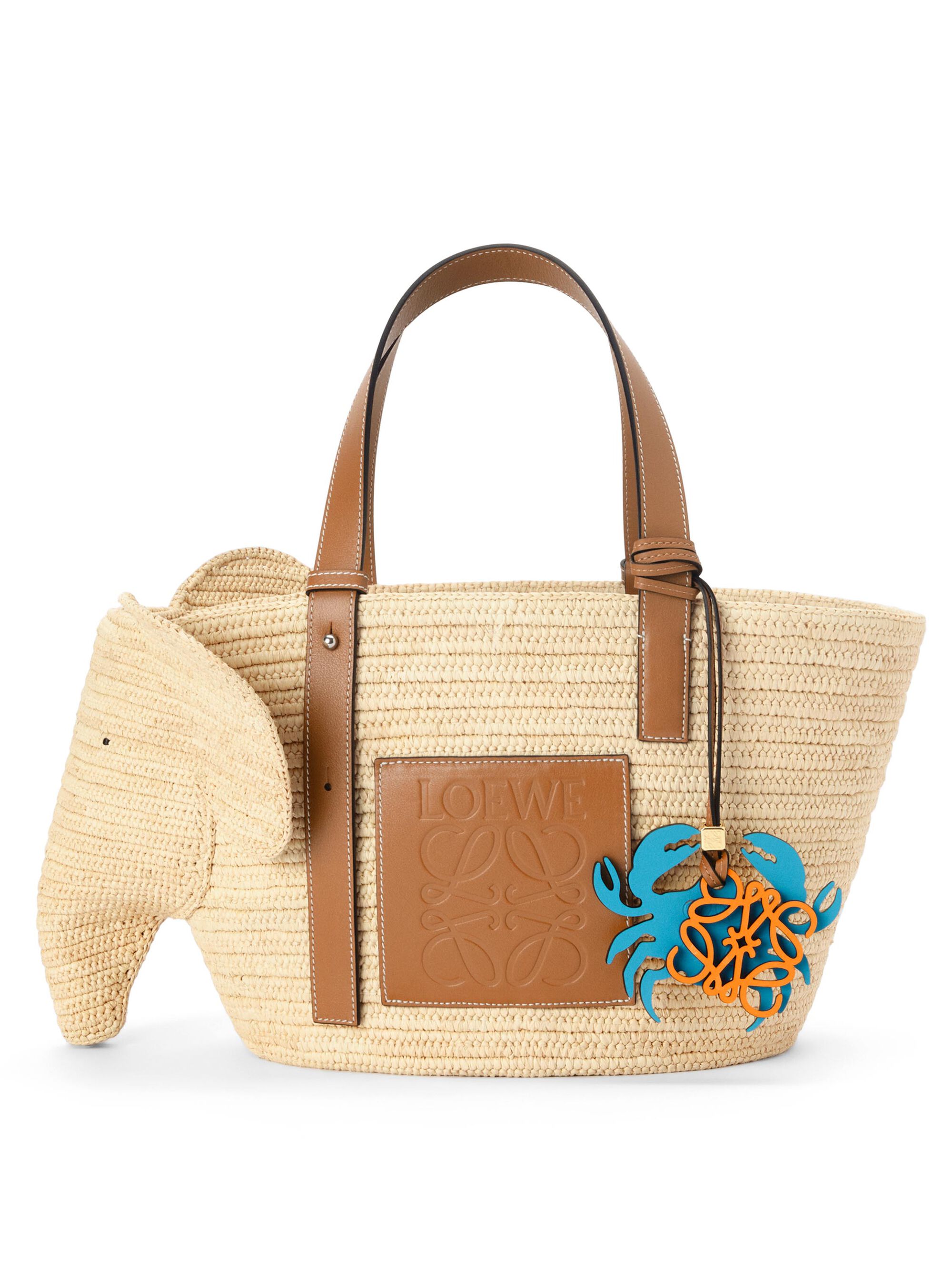 Elephant basket bag in raffia and calfskin Natural/Tan LOEWE